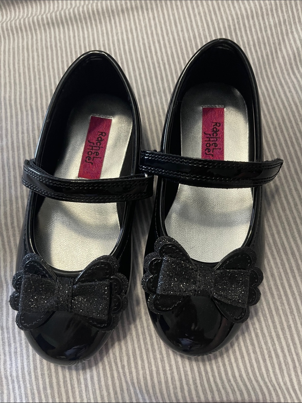 Rachel Shoes Black Patent Mary Janes with Glitter Bow Accent